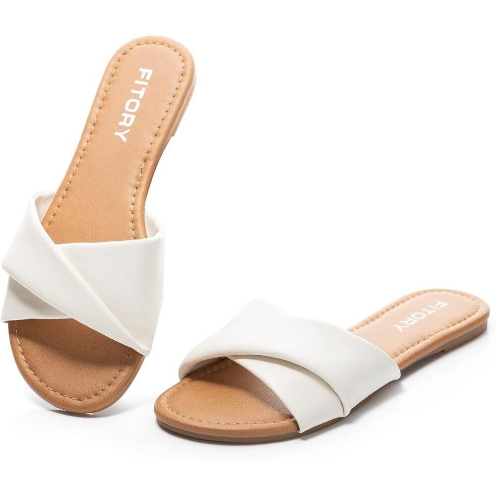 FITORY Women's Milk Synthesis Summer Soft Leather Cushioned Insole Flat Slides